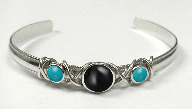 Sterling Silver Hand Made Cuff Bracelet With Black Onyx And Turquoise